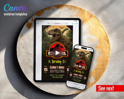 Jurassic World Dinosaur Neon Red Logo T-rex Video Birthday Invitation | Animated Evite | Editable Canva