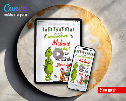 The Grinch Merry Grinchmas Christmas Lights Candy Canes Video Birthday Invitation | Animated Evite | Editable Canva