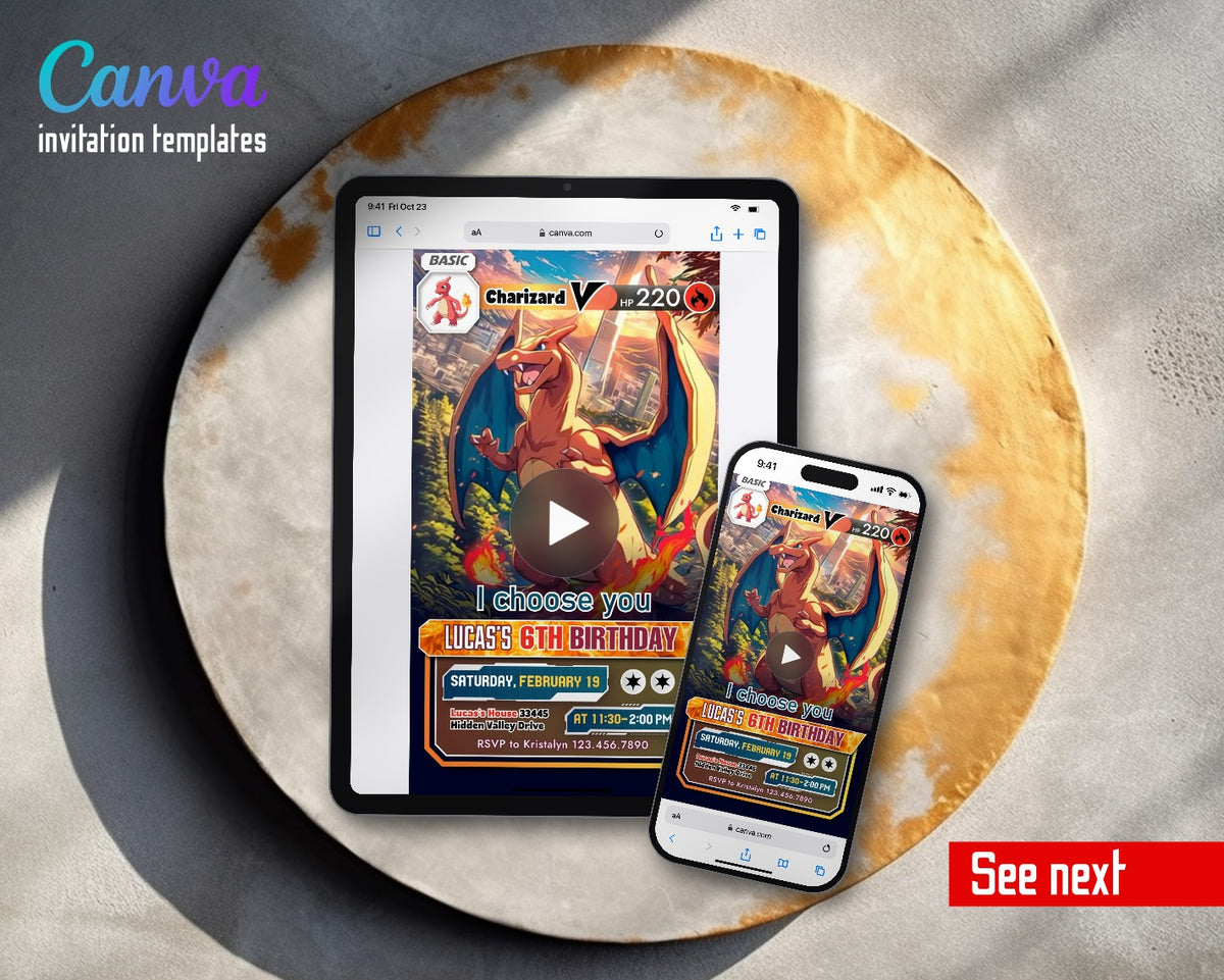 Charizard Pokemon Anime Trading Card Video Birthday Invitation | Animated Evite | Editable Canva