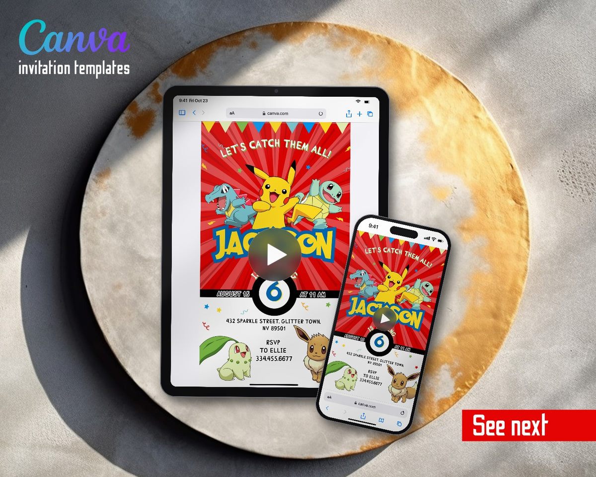 Pokemon Pikachu Red Burst Catch Them All Video Birthday Invitation | Animated Evite | Editable Canva