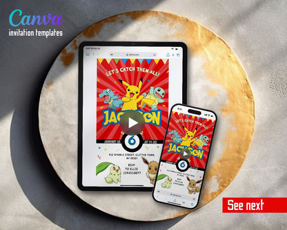 Pokemon Pikachu Red Burst Catch Them All Video Birthday Invitation | Animated Evite | Editable Canva
