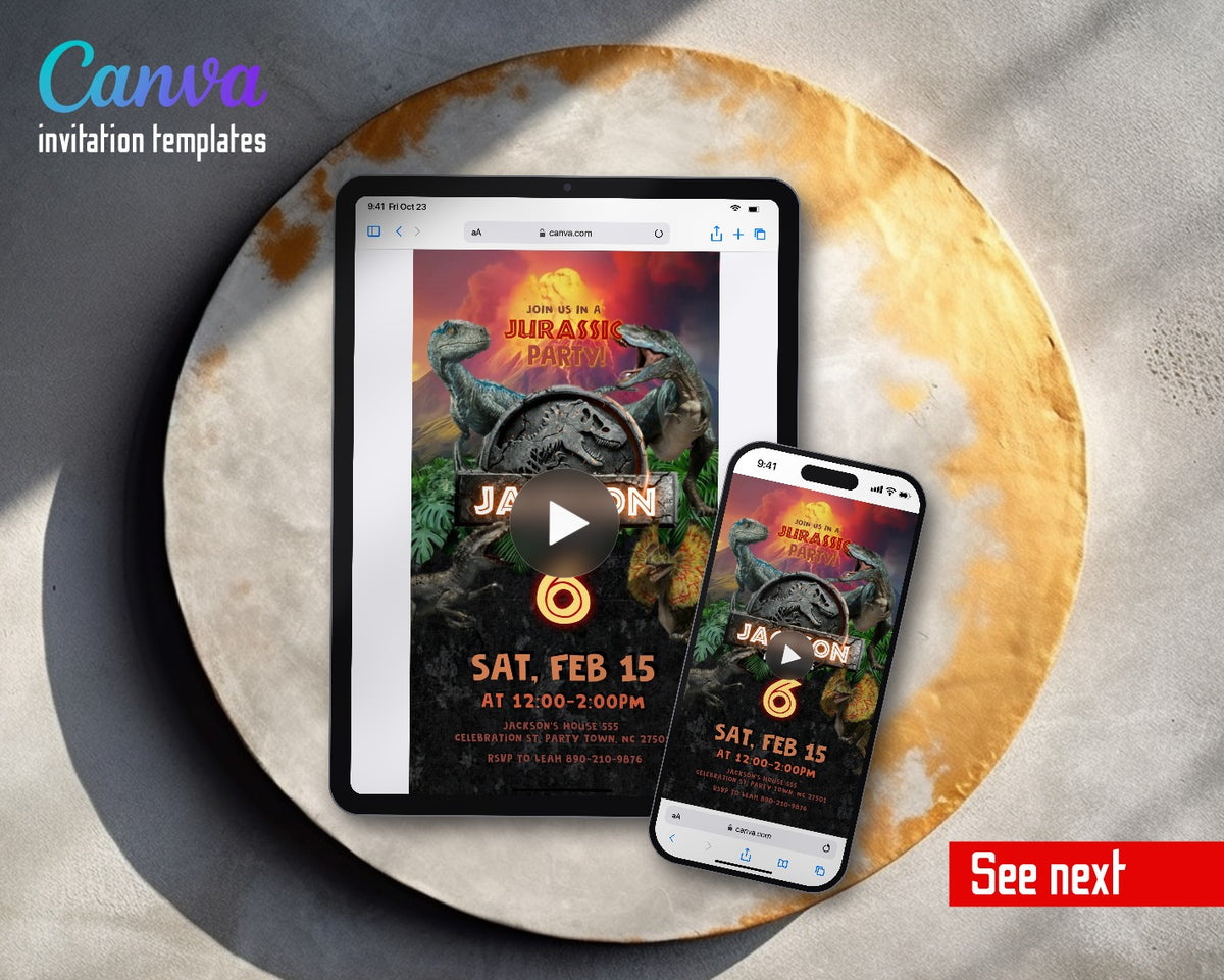 Jurassic World Dinosaur Volcano Raptors Orange Video Birthday Invitation | Animated Evite | Editable Canva