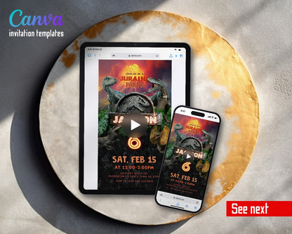 Jurassic World Dinosaur Volcano Raptors Orange Video Birthday Invitation | Animated Evite | Editable Canva