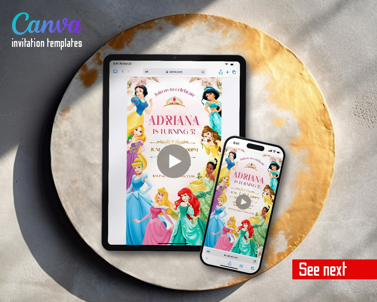 Disney Princess Pink Floral Border Princesses Video Birthday Invitation | Animated Evite | Editable Canva