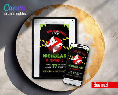 Ghostbusters Slime Drip Hazard Tape Video Birthday Invitation | Animated Evite | Editable Canva