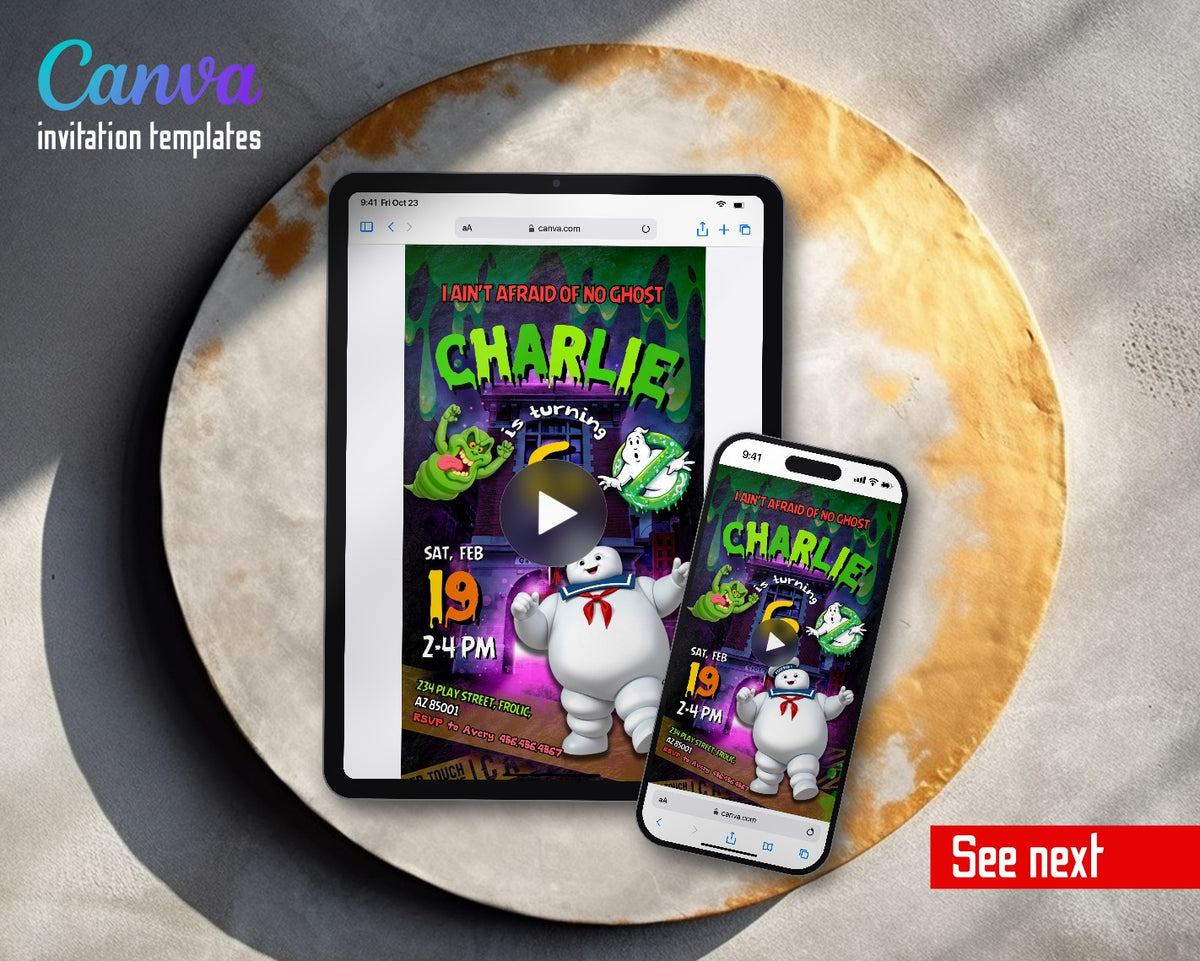 Ghostbusters Firehouse Slimer Stay Puft Video Birthday Invitation | Animated Evite | Editable Canva