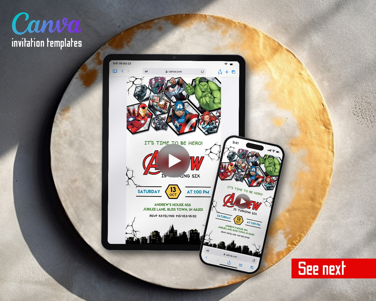Avengers Hex Heroes Cityscape Video Birthday Invitation | Animated Evite | Editable Canva