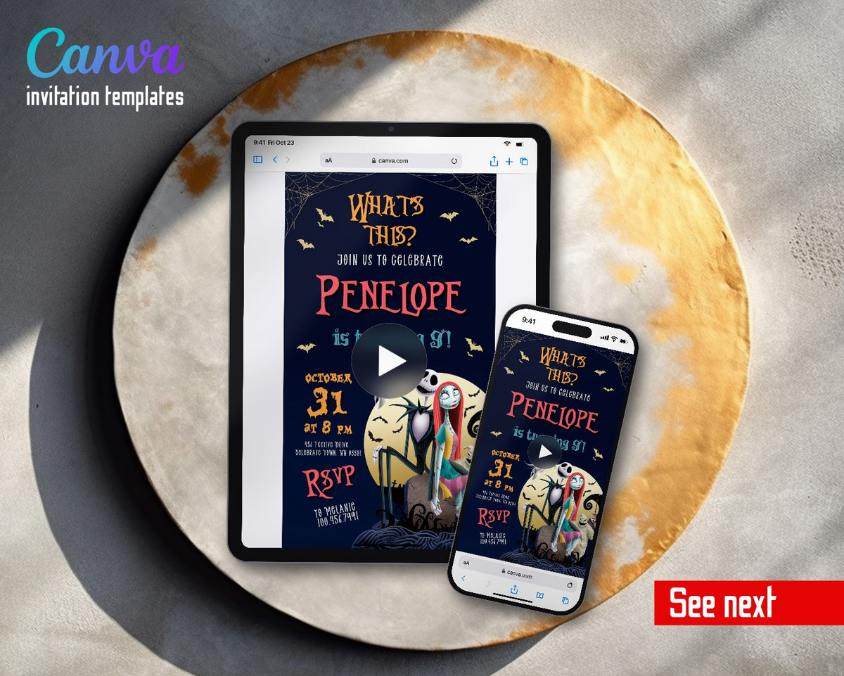 The Nightmare Before Christmas Halloween Skellington Moon Hill Video Birthday Invitation | Animated Evite | Editable Canva