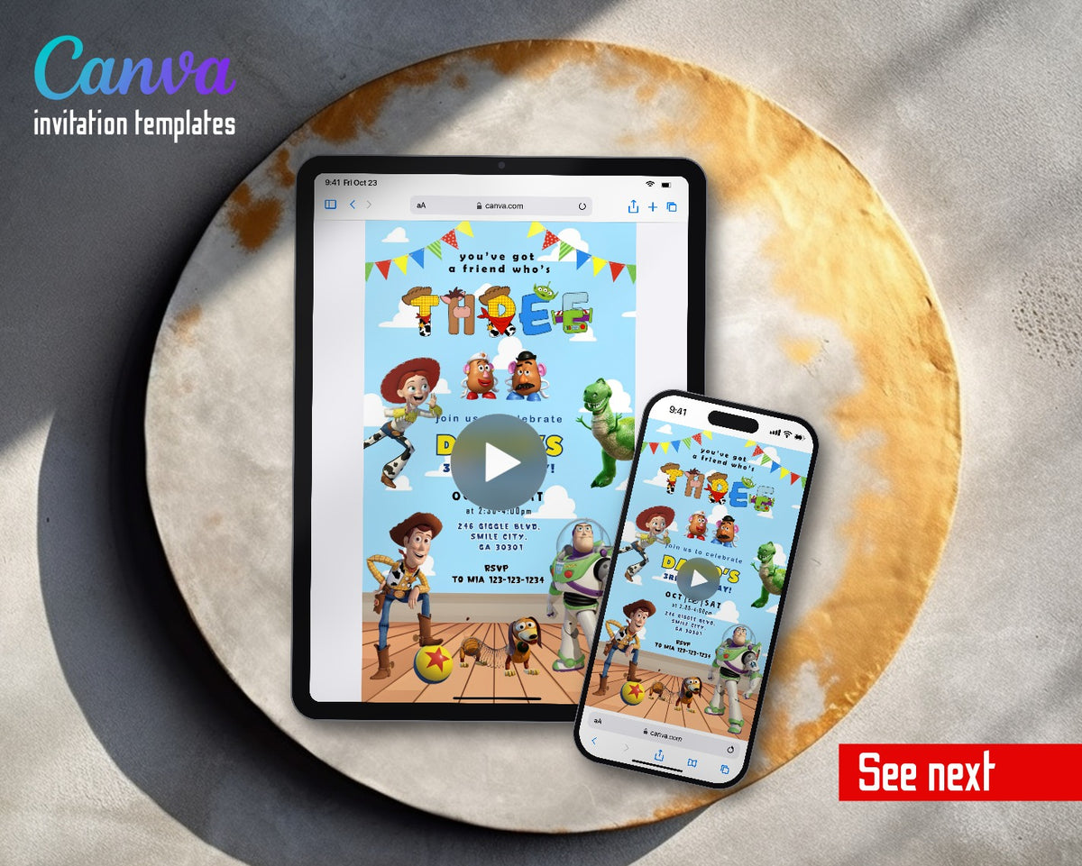 Toy Story Woody Buzz Lightyear Bunting Sky Video Birthday Invitation | Animated Evite | Editable Canva