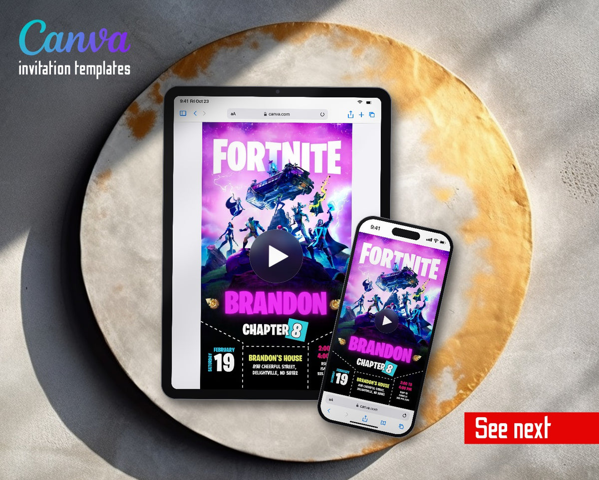 Fortnite Gamer Chapter Eight Battle Bus Video Birthday Invitation | Animated Evite | Editable Canva