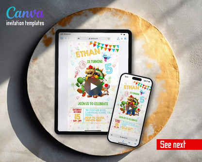 Super Mario Bros White Rays Pastel Doodles Video Birthday Invitation | Animated Evite | Editable Canva