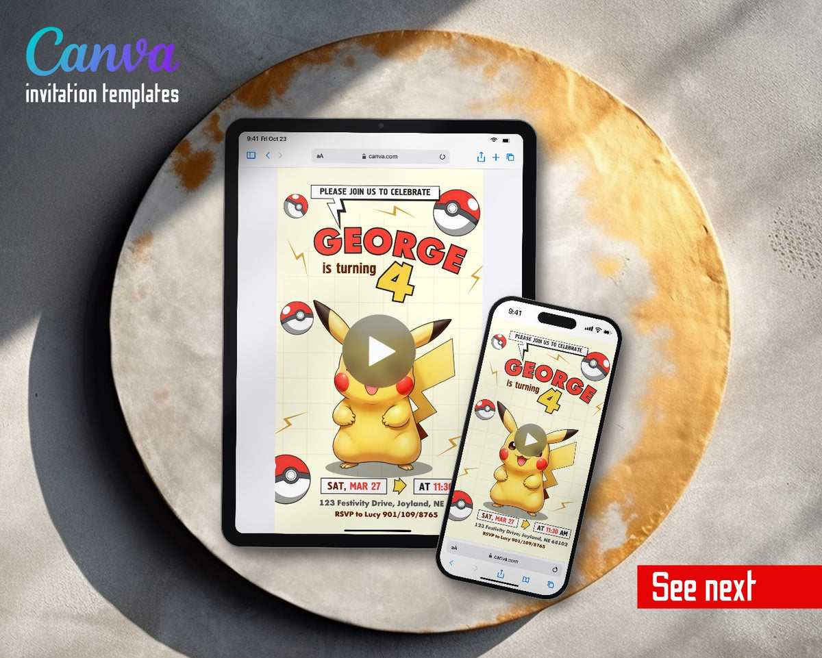 Pokemon Pikachu Cream Chibi Video Birthday Invitation | Animated Evite | Editable Canva