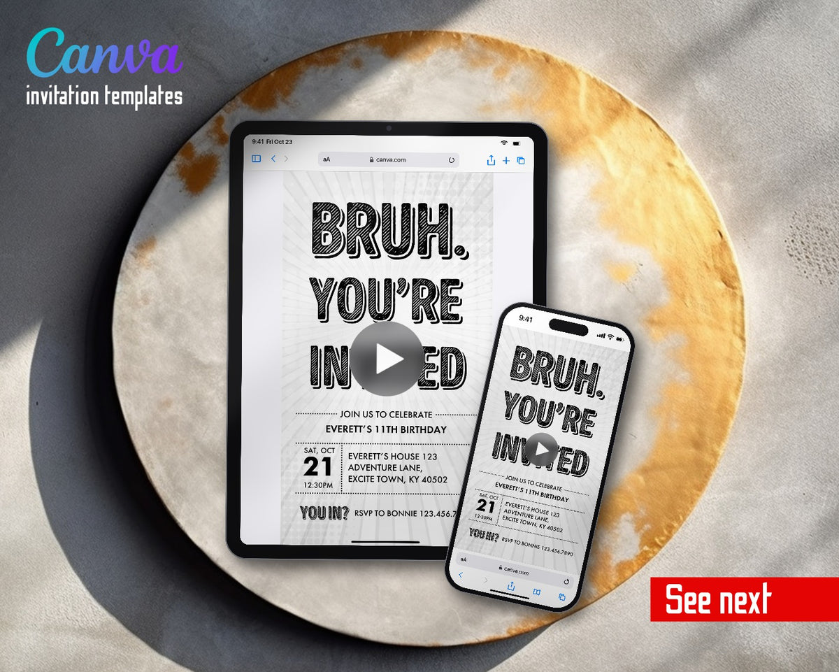 Bruh Birthday Bold Outline Video Birthday Invitation | Animated Evite | Editable Canva