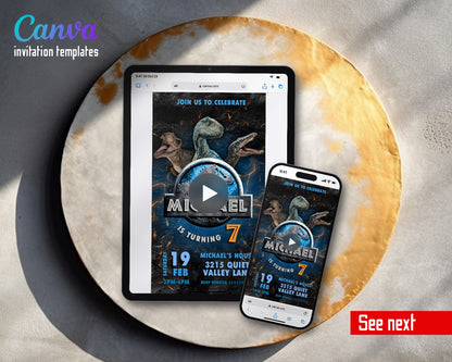 Jurassic World Dinosaur Blue Raptor Cracked Rock Video Birthday Invitation | Animated Evite | Editable Canva