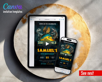 Jurassic World Rebirth Dinosaur Dilophosaurus Teal Logo Video Birthday Invitation | Animated Evite | Editable Canva