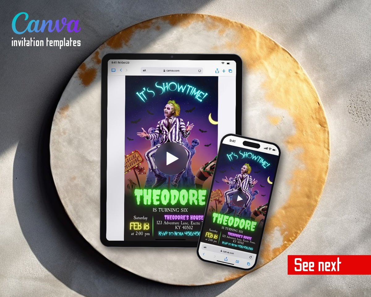 Beetlejuice Halloween Neon Showtime Graveyard Video Birthday Invitation | Animated Evite | Editable Canva