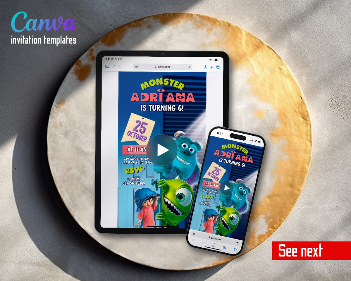 Monsters, Inc. Bedroom Door Sulley Video Birthday Invitation | Animated Evite | Editable Canva