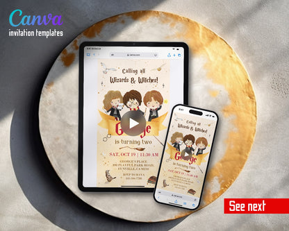 Harry Potter Chibi Trio Gold Banner Video Birthday Invitation | Animated Evite | Editable Canva