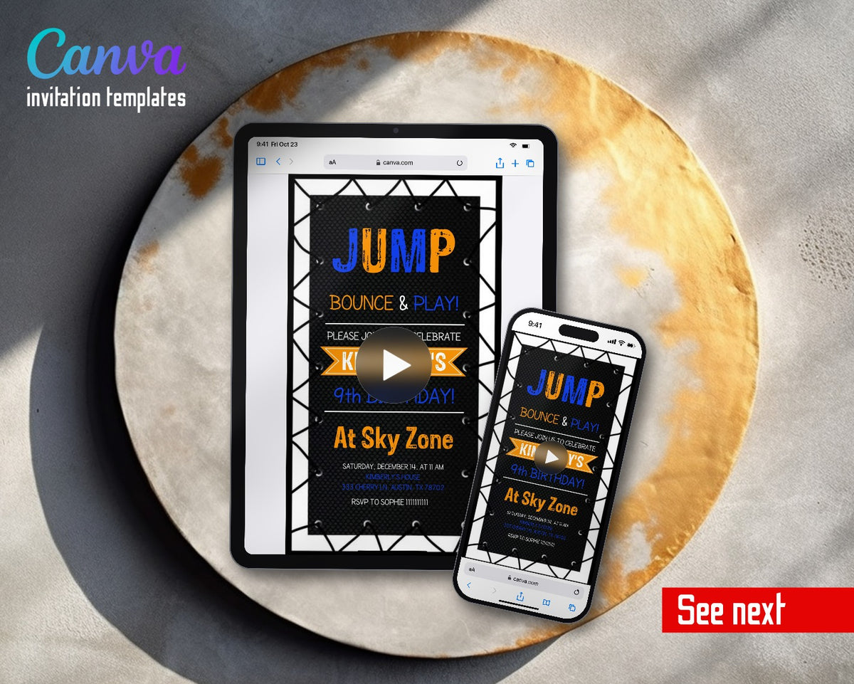 Trampoline Jump Party Net Black Video Birthday Invitation | Animated Evite | Editable Canva