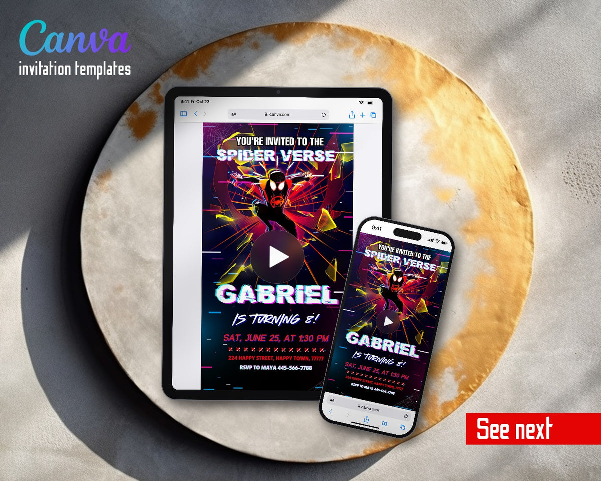 Spider Man Across the Spider-Verse Neon Verse Burst Video Birthday Invitation | Animated Evite | Editable Canva