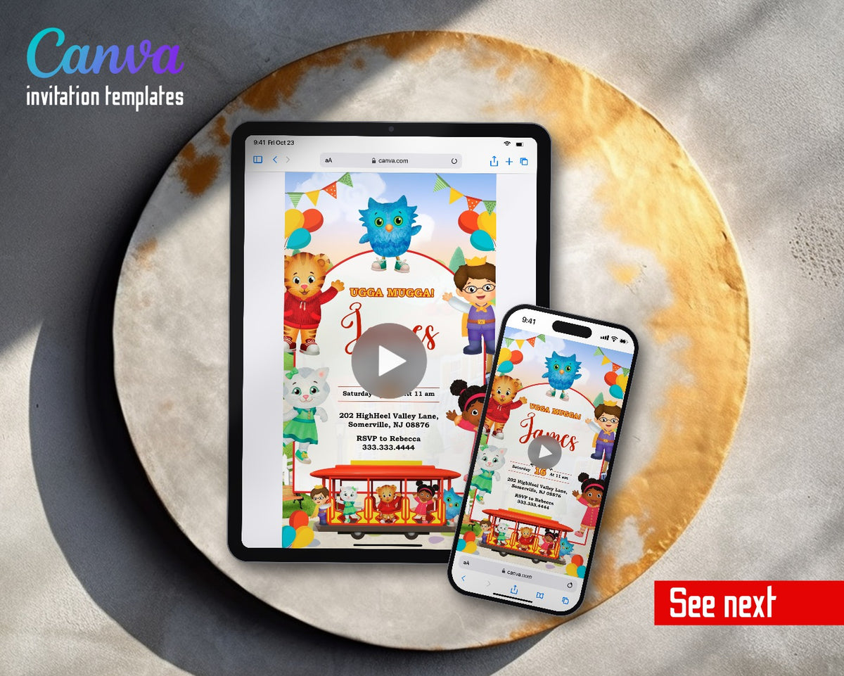 Daniel Tiger's Neighborhood Ugga Mugga Trolley Street Video Birthday Invitation | Animated Evite | Editable Canva