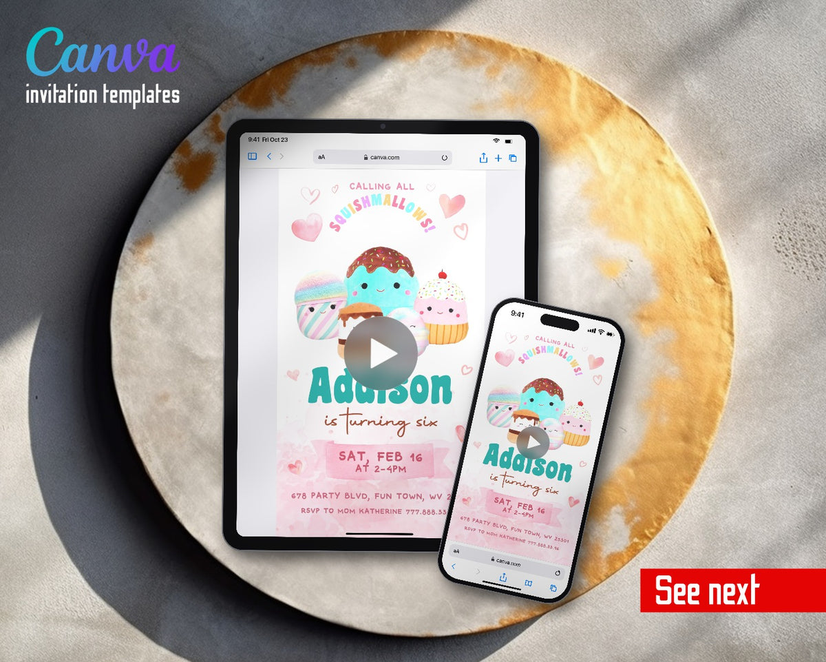 Squishmallows Squishmallow Desserts Hearts Video Birthday Invitation | Animated Evite | Editable Canva
