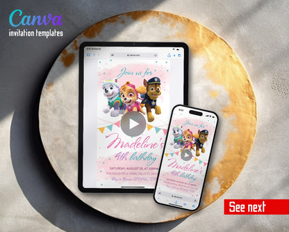 PAW Patrol Watercolor Pup Bunting Video Birthday Invitation | Animated Evite | Editable Canva