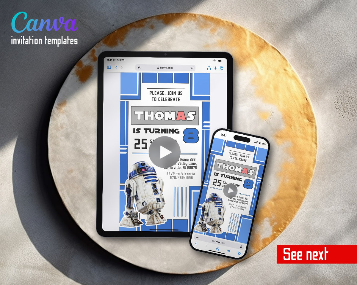 Starwars R2-D2 Blue Panel Video Birthday Invitation | Animated Evite | Editable Canva