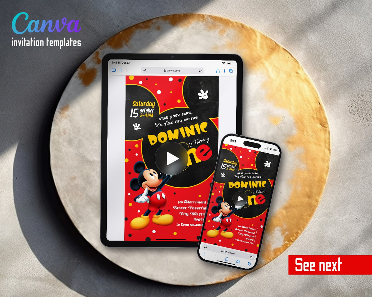 Mickey Mouse 1st Birthday Big Ears Red Chalk Video Birthday Invitation | Animated Evite | Editable Canva