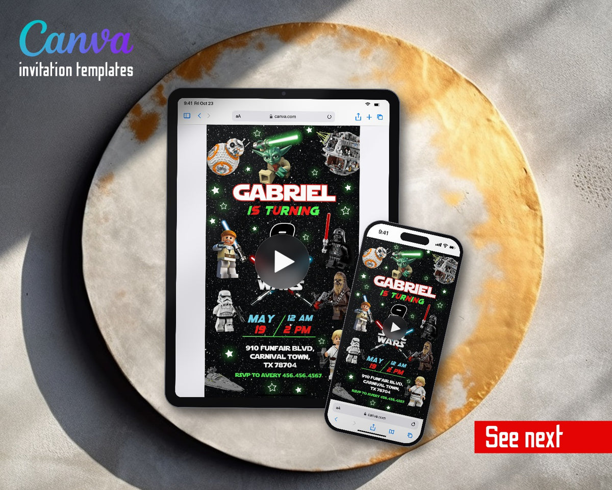 Star Wars Darth Vader Lego Minifigures Yoda Death Green Video Birthday Invitation | Animated Evite | Editable Canva