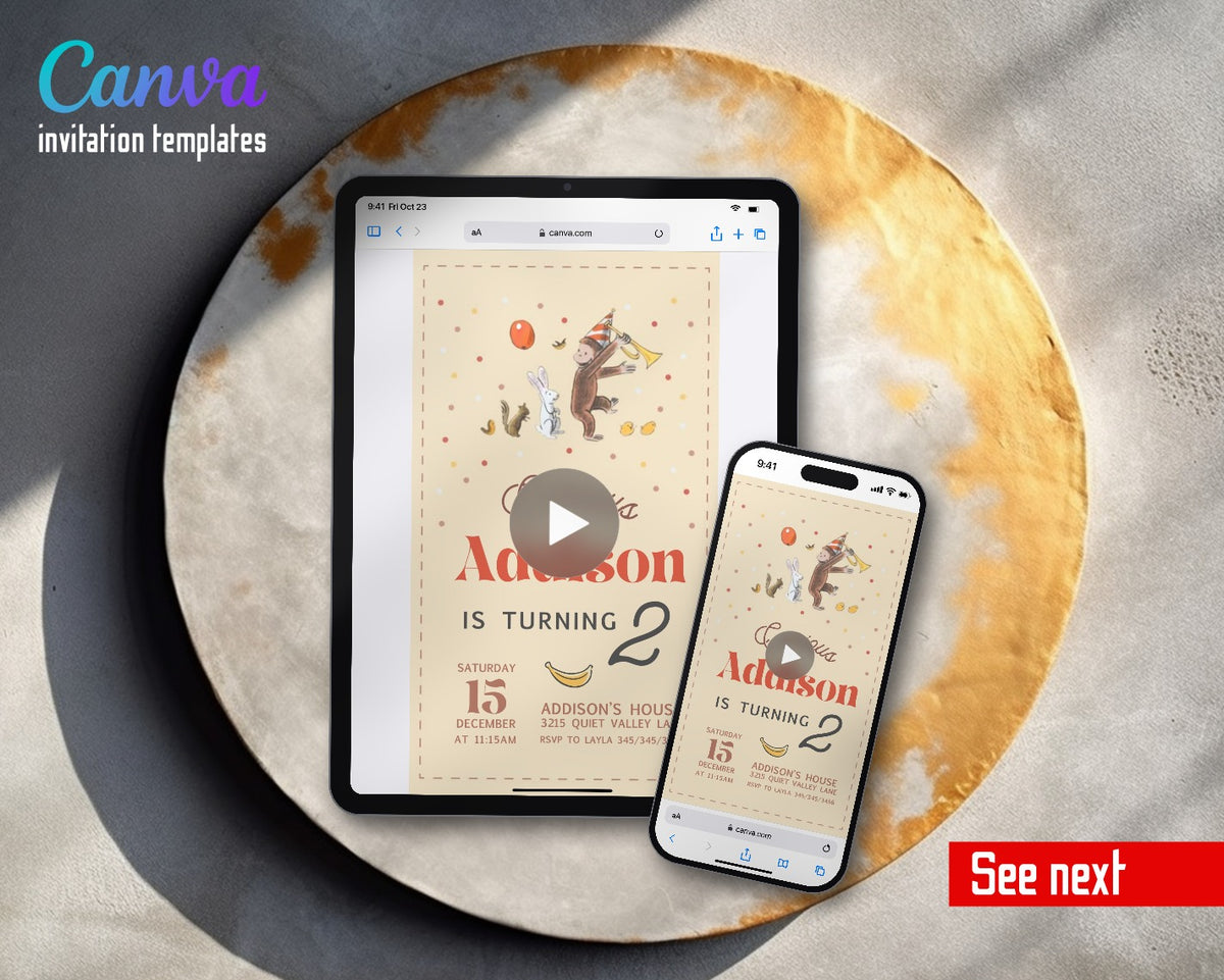Curious George Monkey Beige Party Hat Video Birthday Invitation | Animated Evite | Editable Canva