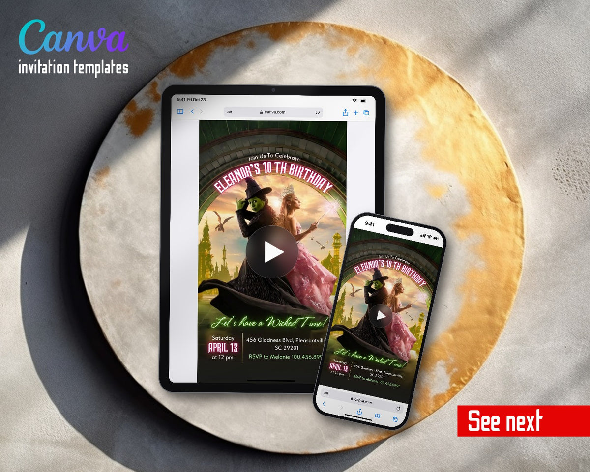 Wicked Musical Movie Emerald Arch Curved Video Birthday Invitation | Animated Evite | Editable Canva