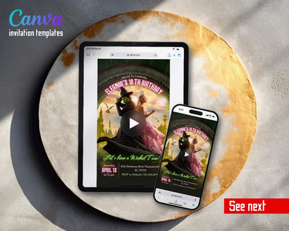 Wicked Musical Movie Emerald Arch Curved Video Birthday Invitation | Animated Evite | Editable Canva