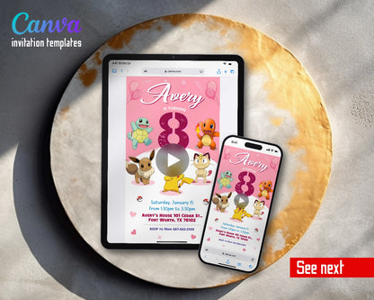 Pokemon Pikachu Pink Eevee Meowth Video Birthday Invitation | Animated Evite | Editable Canva
