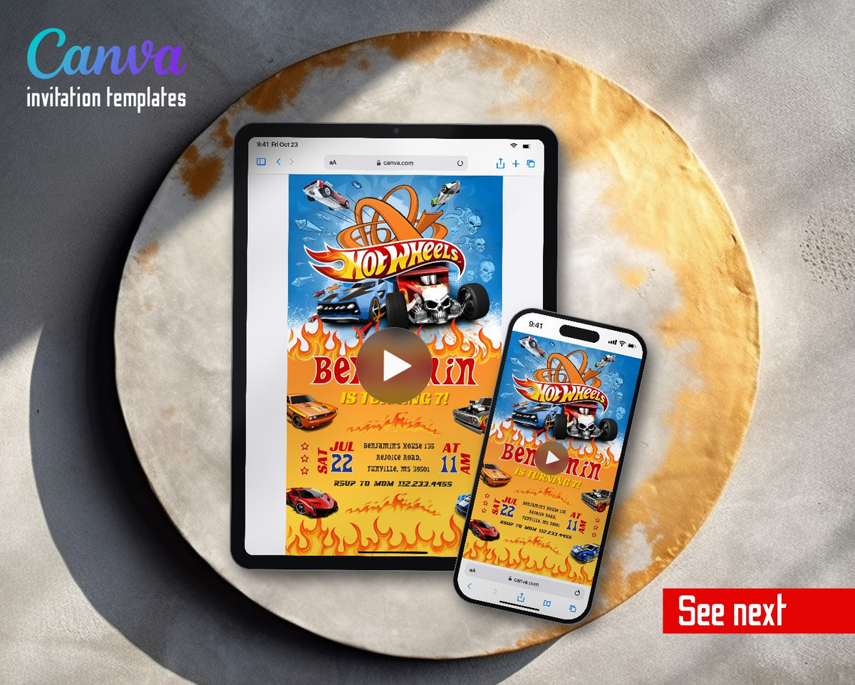 Hot Wheels Racing Flame Orange Track Loop Video Birthday Invitation | Animated Evite | Editable Canva