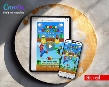 Super Mario Bros Blue Sky Goomba Blocks Video Birthday Invitation | Animated Evite | Editable Canva