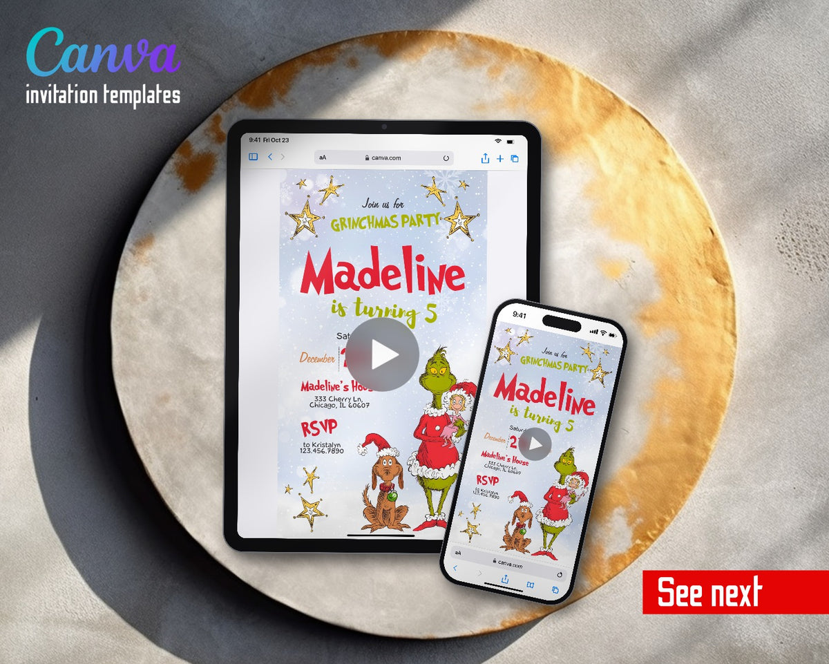 The Grinch Merry Grinchmas Gold Stars Cindy Video Birthday Invitation | Animated Evite | Editable Canva