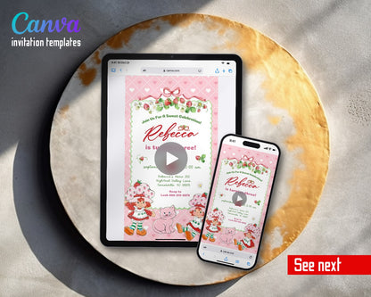 Strawberry Shortcake Ribbon Frame Video Birthday Invitation | Animated Evite | Editable Canva