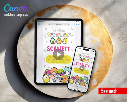 Squishmallows Doodle Fruit Squish Video Birthday Invitation | Animated Evite | Editable Canva