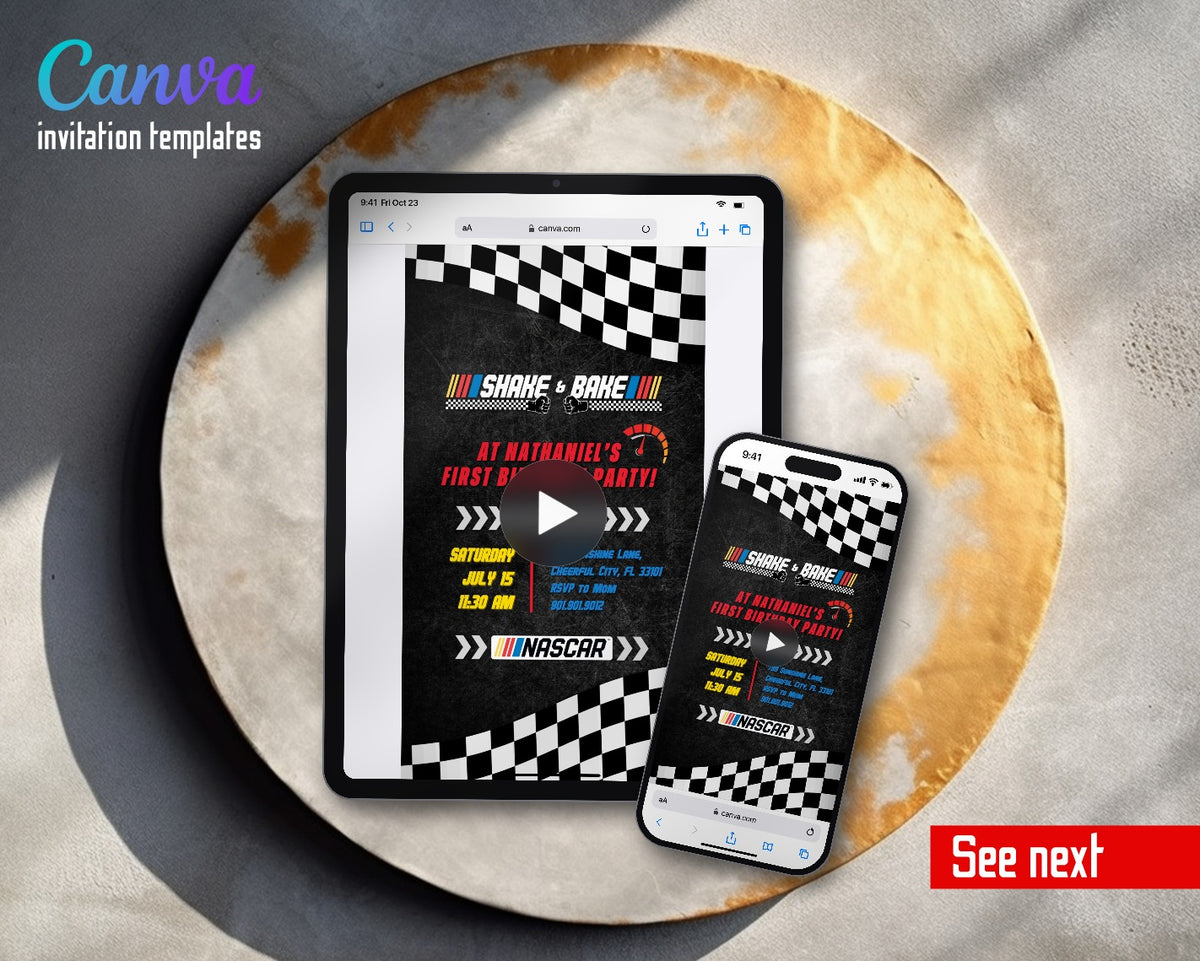 Nascar Racing Ricky Bobby Dark Single Gauge Flag Video Birthday Invitation | Animated Evite | Editable Canva