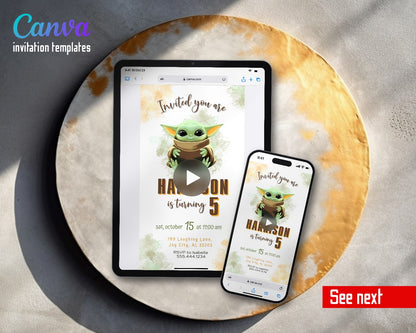 Baby Yoda Grogu Star Wars Mandalorian Cream Watercolor Video Birthday Invitation | Animated Evite | Editable Canva