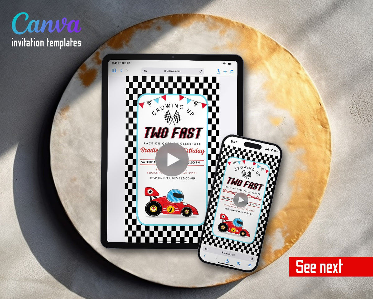Race Car 2nd Bday Watercolor Racing Checker Border Video Birthday Invitation | Animated Evite | Editable Canva