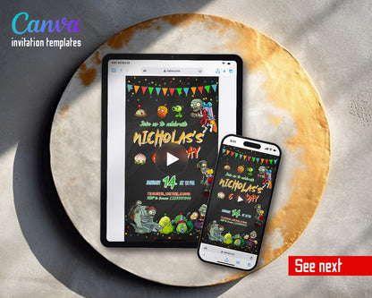 Plans vs Zombies Halloween Garden Chalkboard Video Birthday Invitation | Animated Evite | Editable Canva
