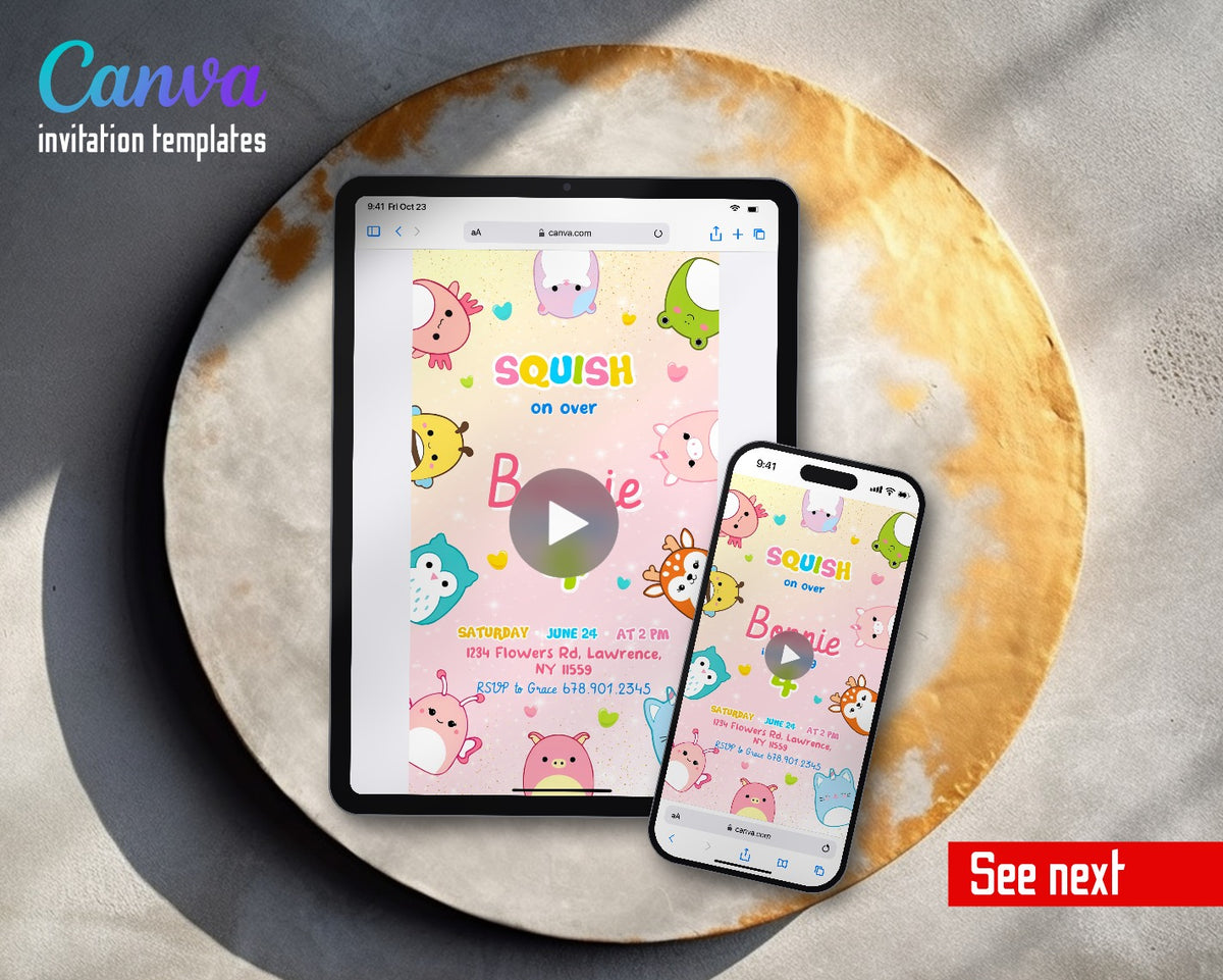 Squishmallows Scattered Squish Pals Video Birthday Invitation | Animated Evite | Editable Canva