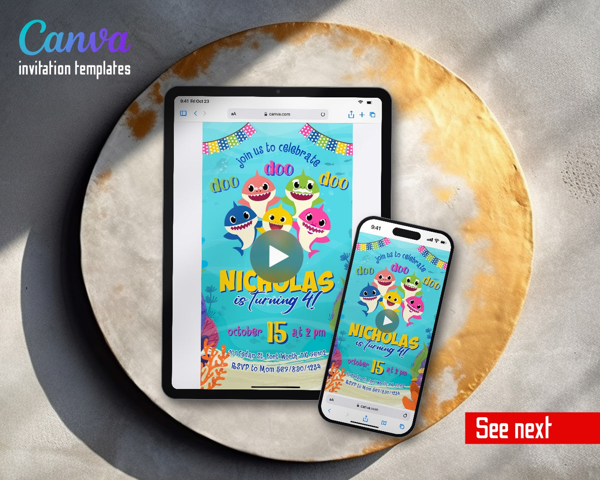 Baby Shark Doo Doo Doo Sea Floor Video Birthday Invitation | Animated Evite | Editable Canva