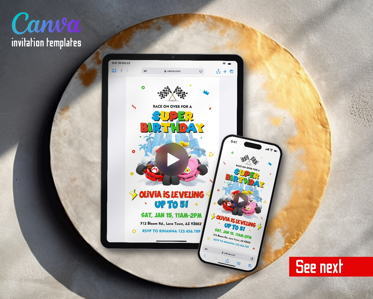 Mario Kart City Peach Duo Video Birthday Invitation | Animated Evite | Editable Canva