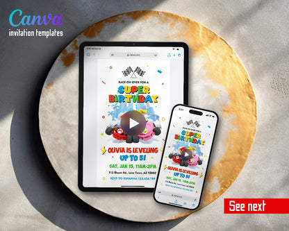 Mario Kart City Peach Duo Video Birthday Invitation | Animated Evite | Editable Canva