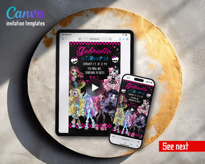 Monster High Checkered Ghoul Girls Video Birthday Invitation | Animated Evite | Editable Canva