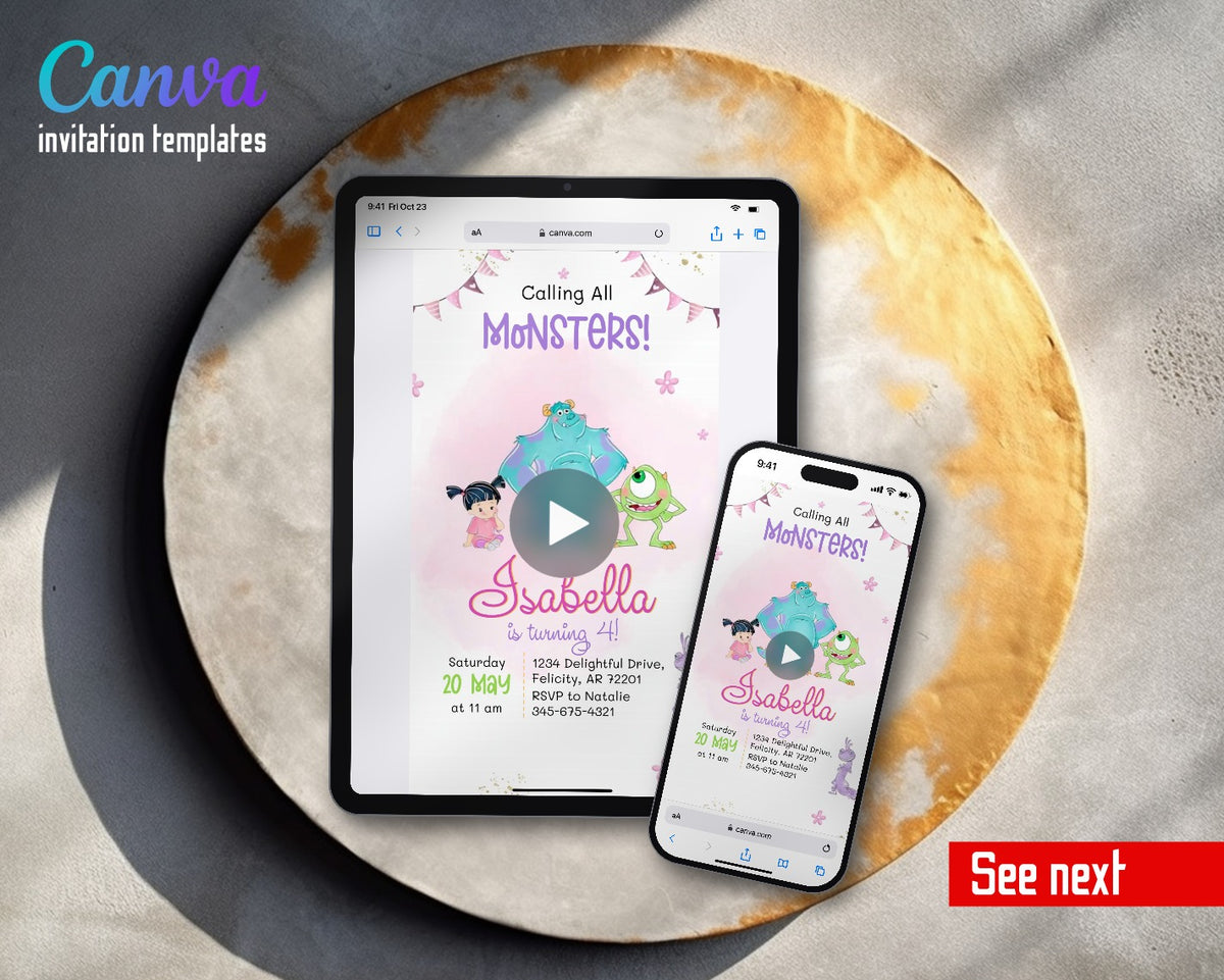 Monsters, Inc. Pastel Watercolor Monsters Video Birthday Invitation | Animated Evite | Editable Canva