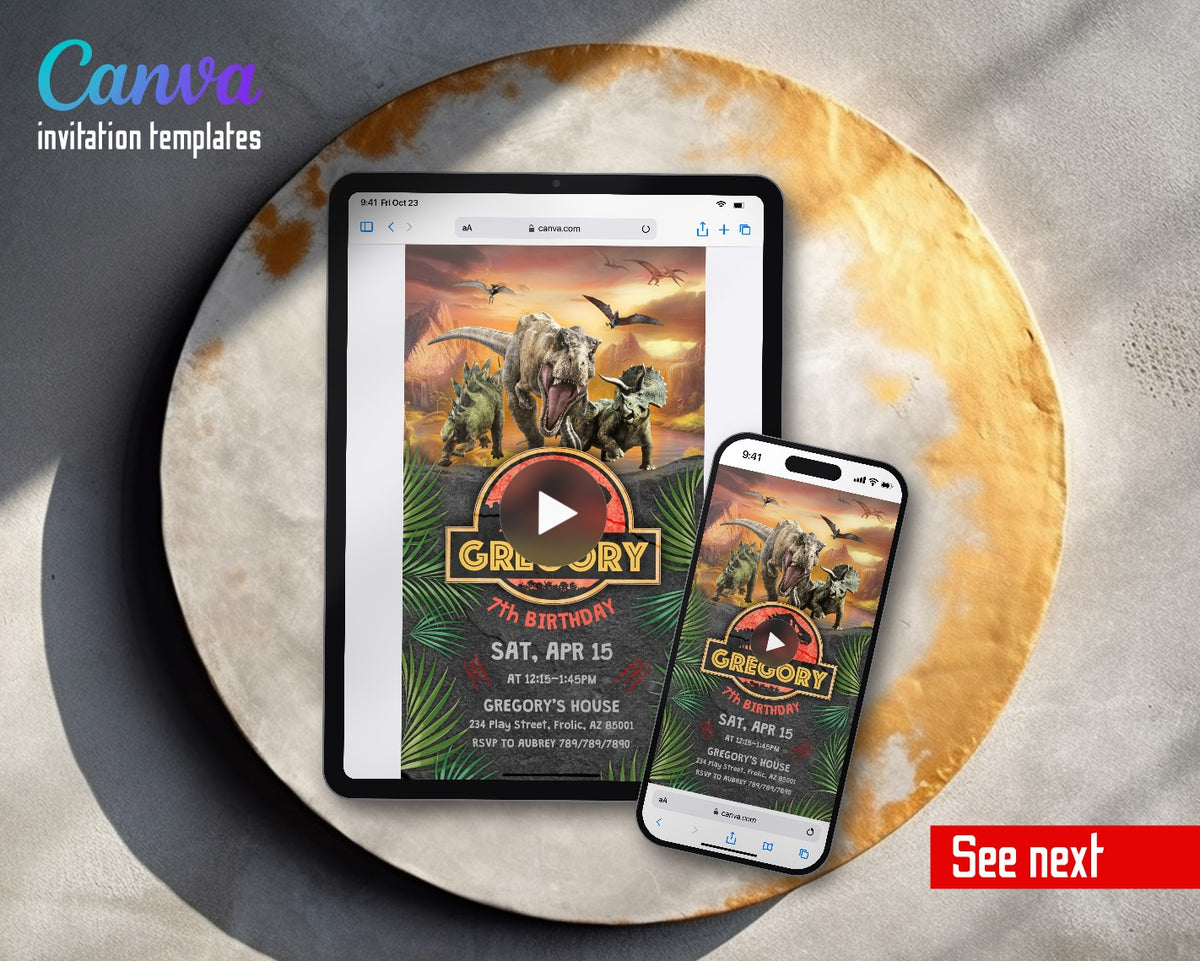 Jurassic Park Dinosaur Red Jungle Logo Sunset Video Birthday Invitation | Animated Evite | Editable Canva